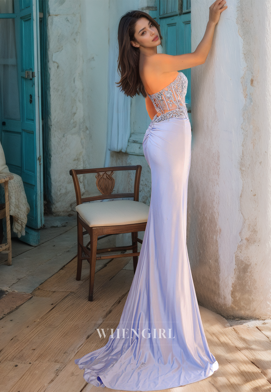 Tube Top Sheath Formal Dress Sleeveless High Slit Train Stripe Pleats Satin Prom Dress with Applique