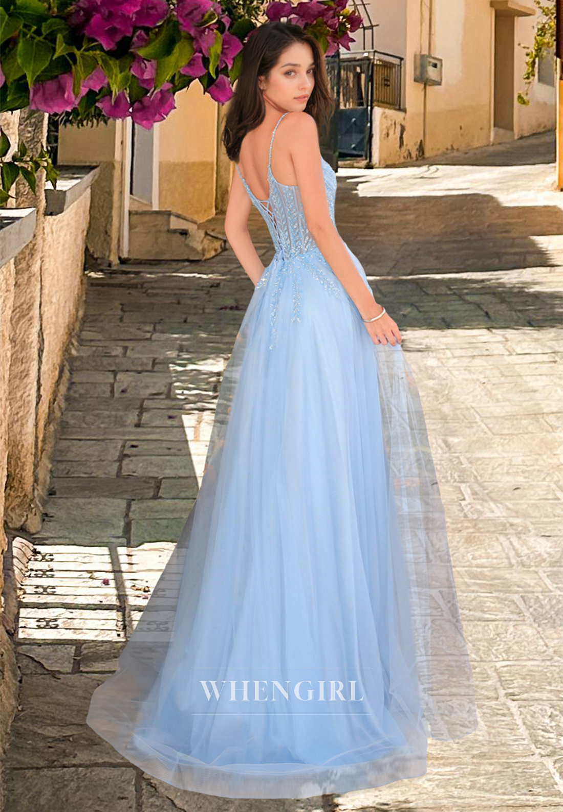 Spaghetti Straps A-Line Scoop Neck Appliques Pleated Long Lace Formal Prom Dress with Slit