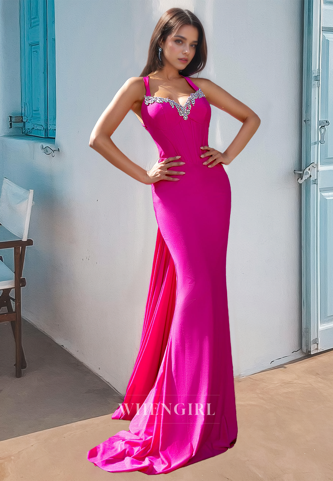 Sweetheart Straps Sleeveless Sheath Sweep Train Long Prom Dress with Beaded Party Gown