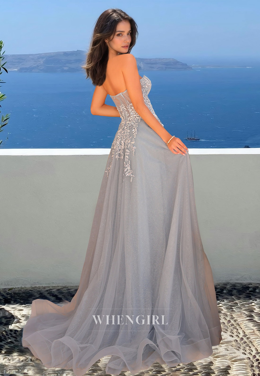 A-Line Sweetheart Sleeveless Stripe High Slit Train Pleats Lace Prom Formal Gowns with Appliques