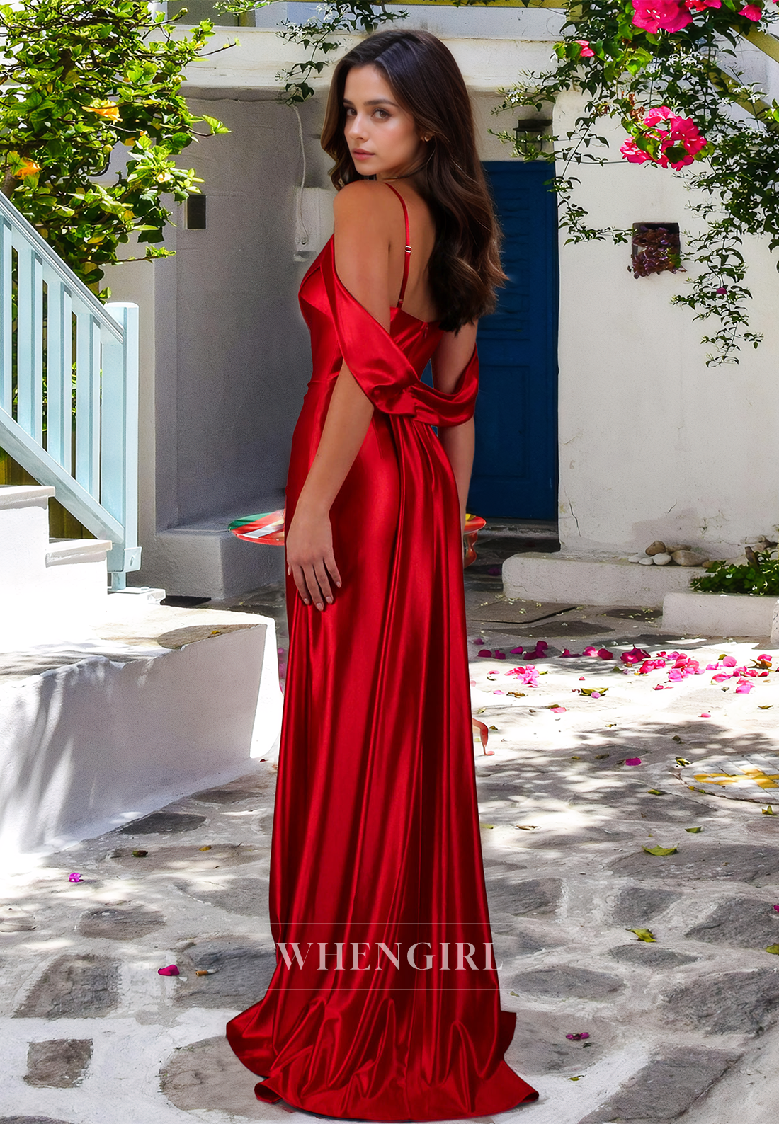 Charming Spaghetti Straps Sheath Satin Pleats Long Evening Dress Prom Dress with Side Slit