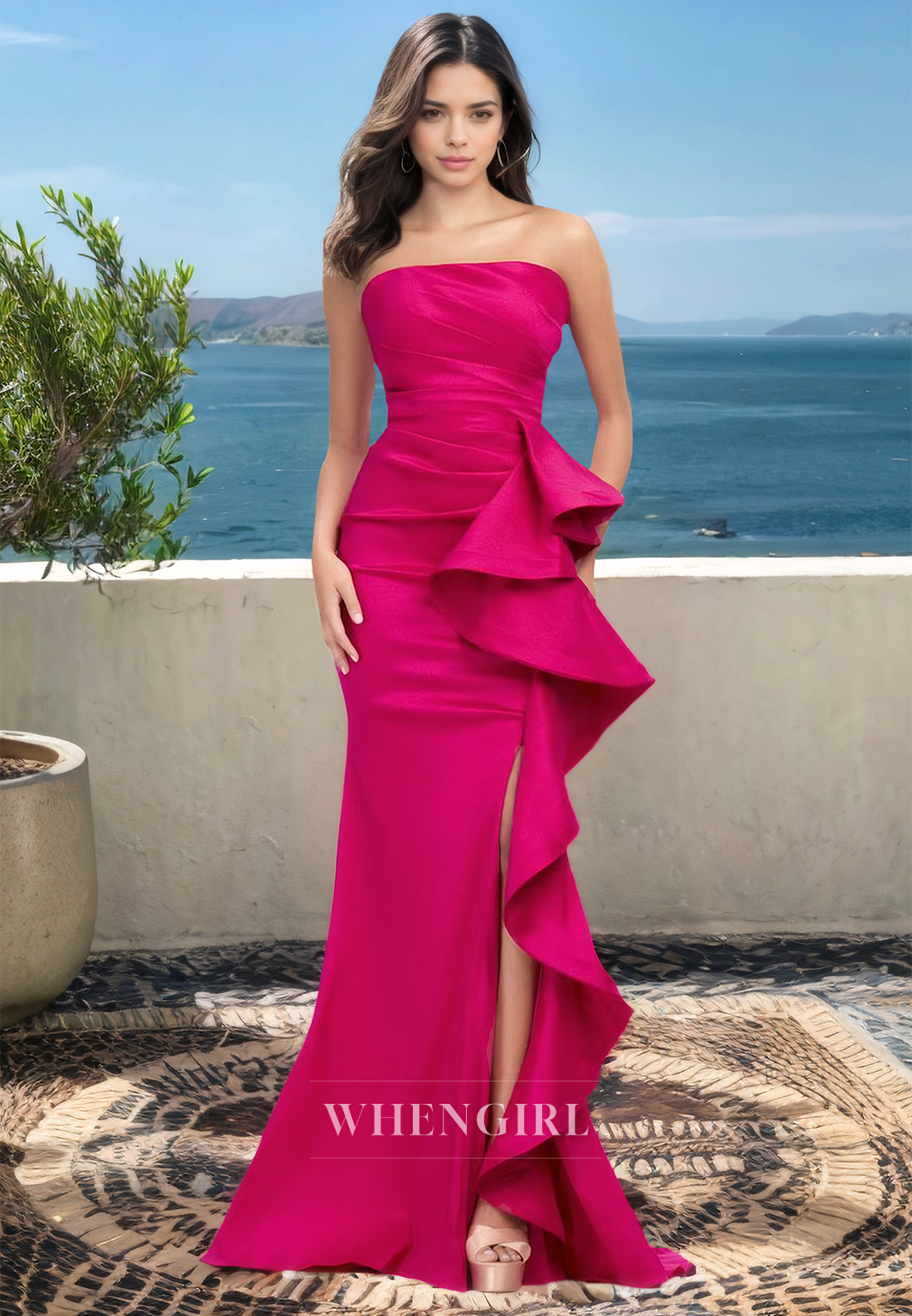 Chic Strapless Sleeveless Mermaid Side Slit Ruched Satin Prom Formal Dress with Train