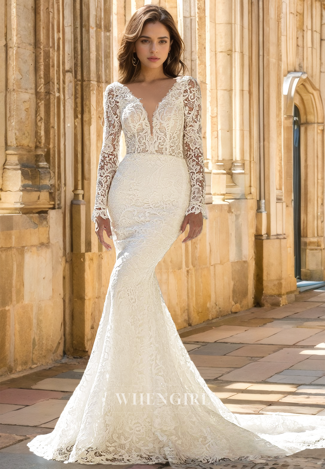 Romantic Long Sleeves V-Neck Mermaid Appliques Lace Bridal Gown Wedding Dress with Train