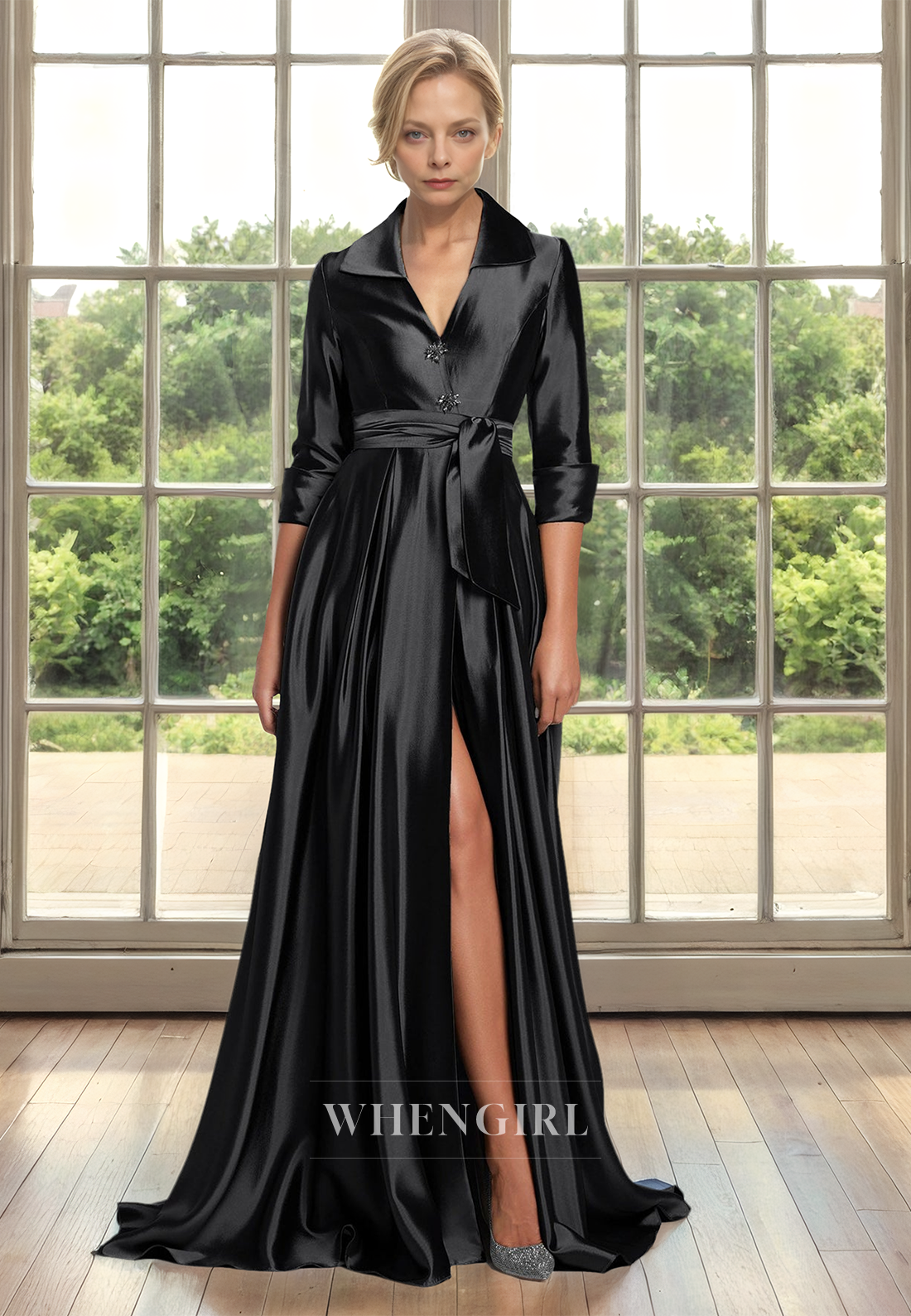 A-Line V-Neck Sleeves Pleats Satin Mother of Bride Dress with Beads Cocktail Dress