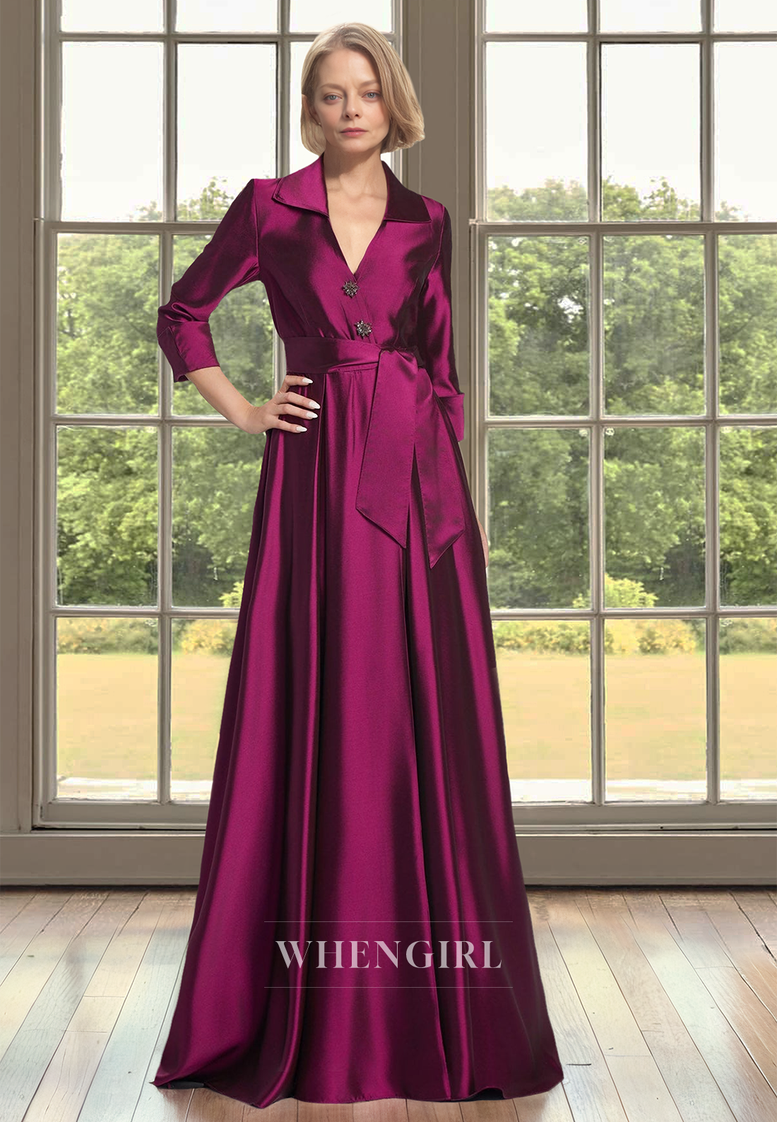 A-Line V-Neck Sleeves Pleats Satin Mother of Bride Dress with Beads Cocktail Dress