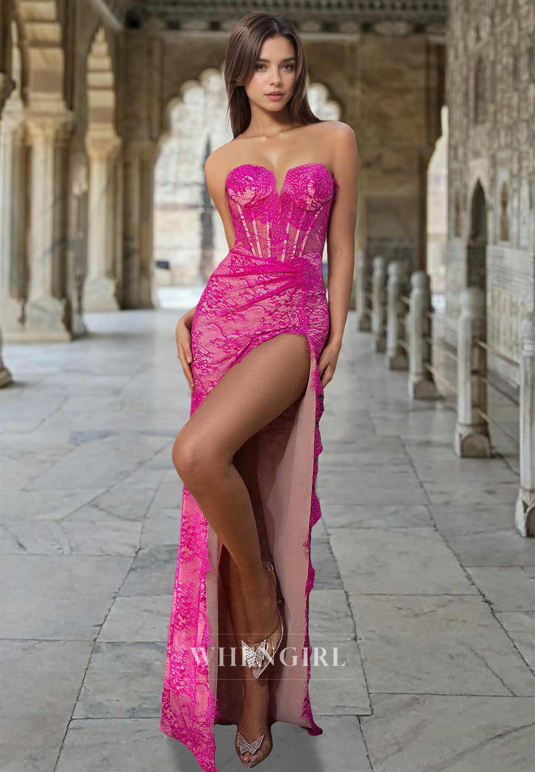 Sweetheart Sheath Party Dress Gloves Stripe Beaded Lace Appliques Prom Dress with Slit
