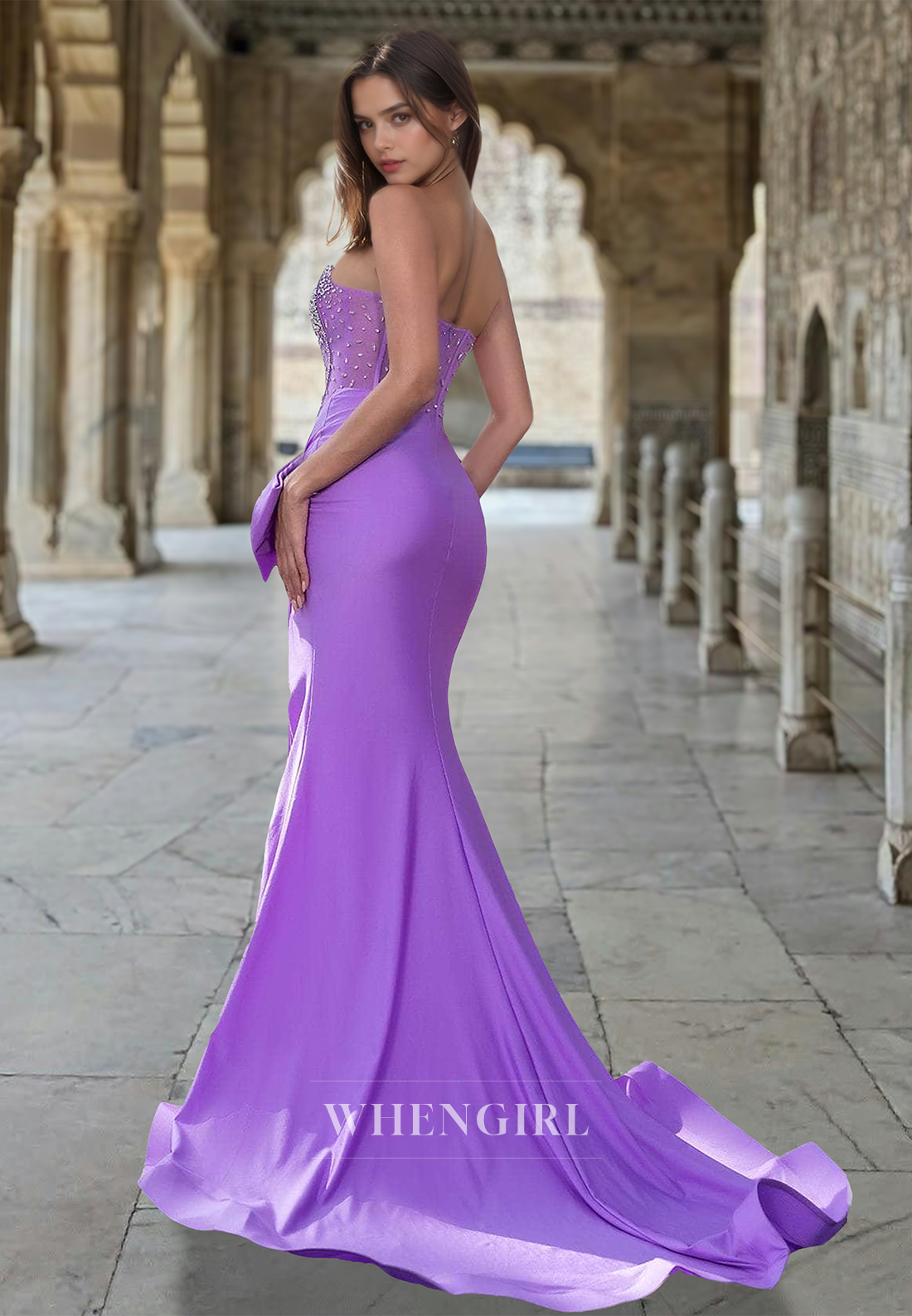 Elegant Tube Top Fitted Bow Satin Pleats Beaded Prom Party Dress with High Slit