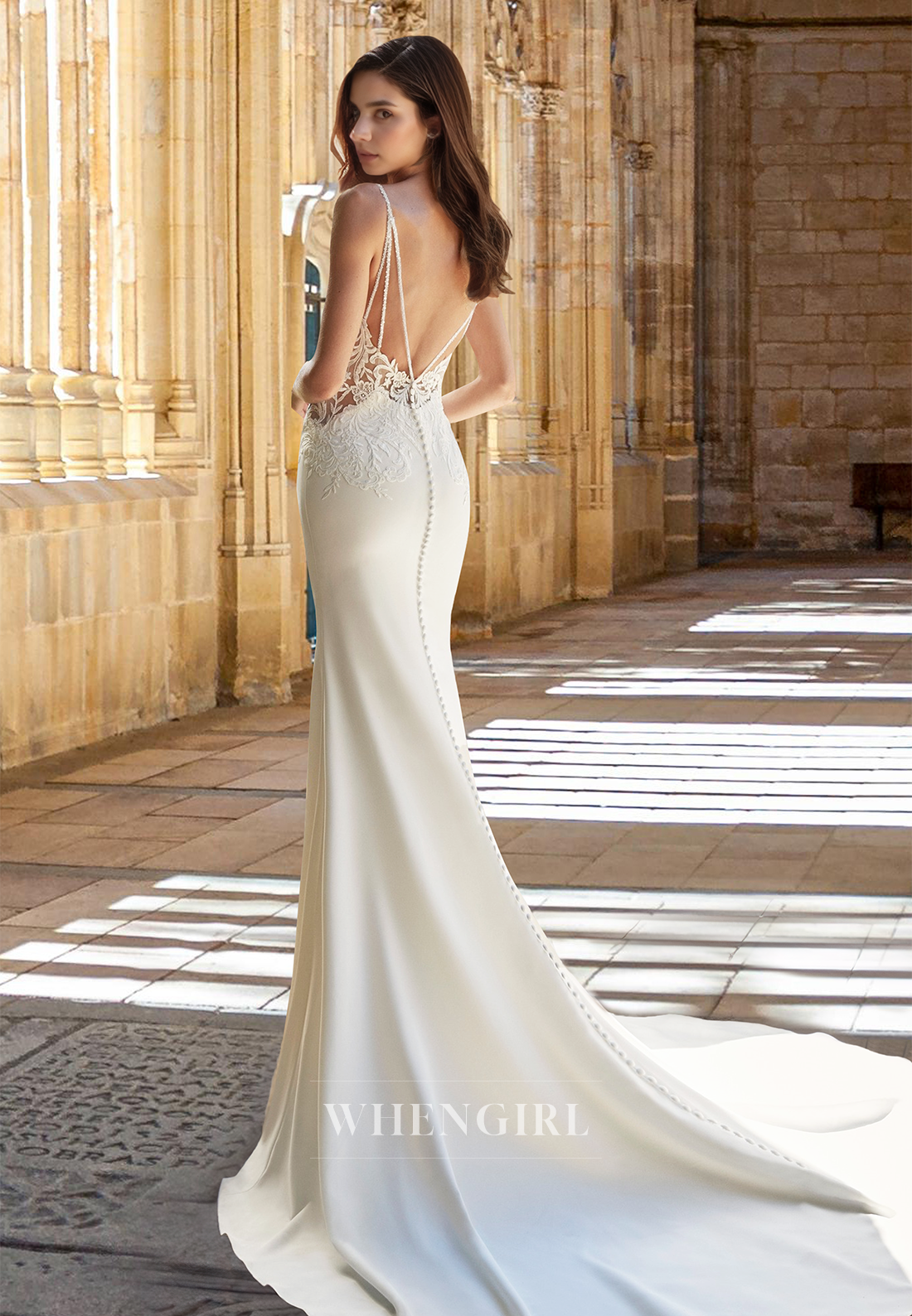 Spaghetti Straps Mermaid Wedding Dress Sweetheart Applique Satin Bridal Gown with Train