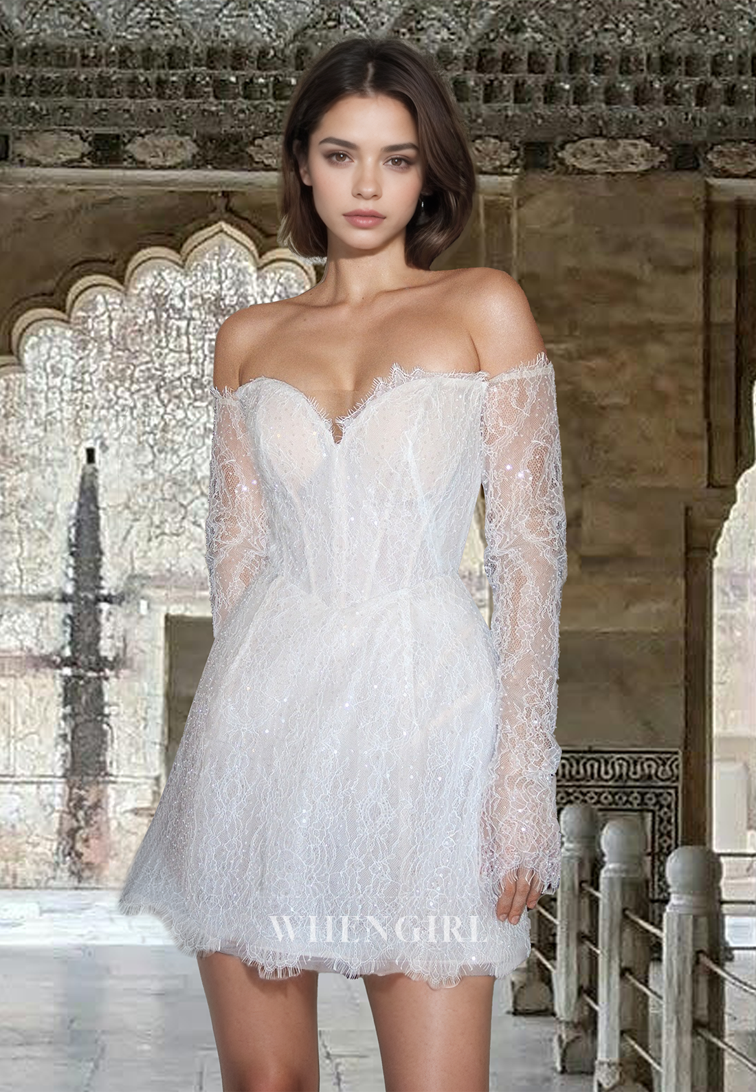 Glamorous A-Line Sweetheart Long Sleeves Short Lace Beach Wedding Dress Boho Gown with Appliques