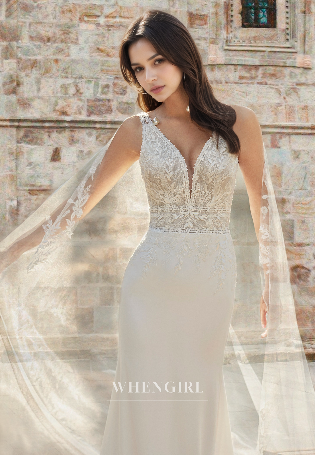 Elegant Bohemian V-Neck Straps Mermaid Sweep Train Satin Wedding Dress with Appliques