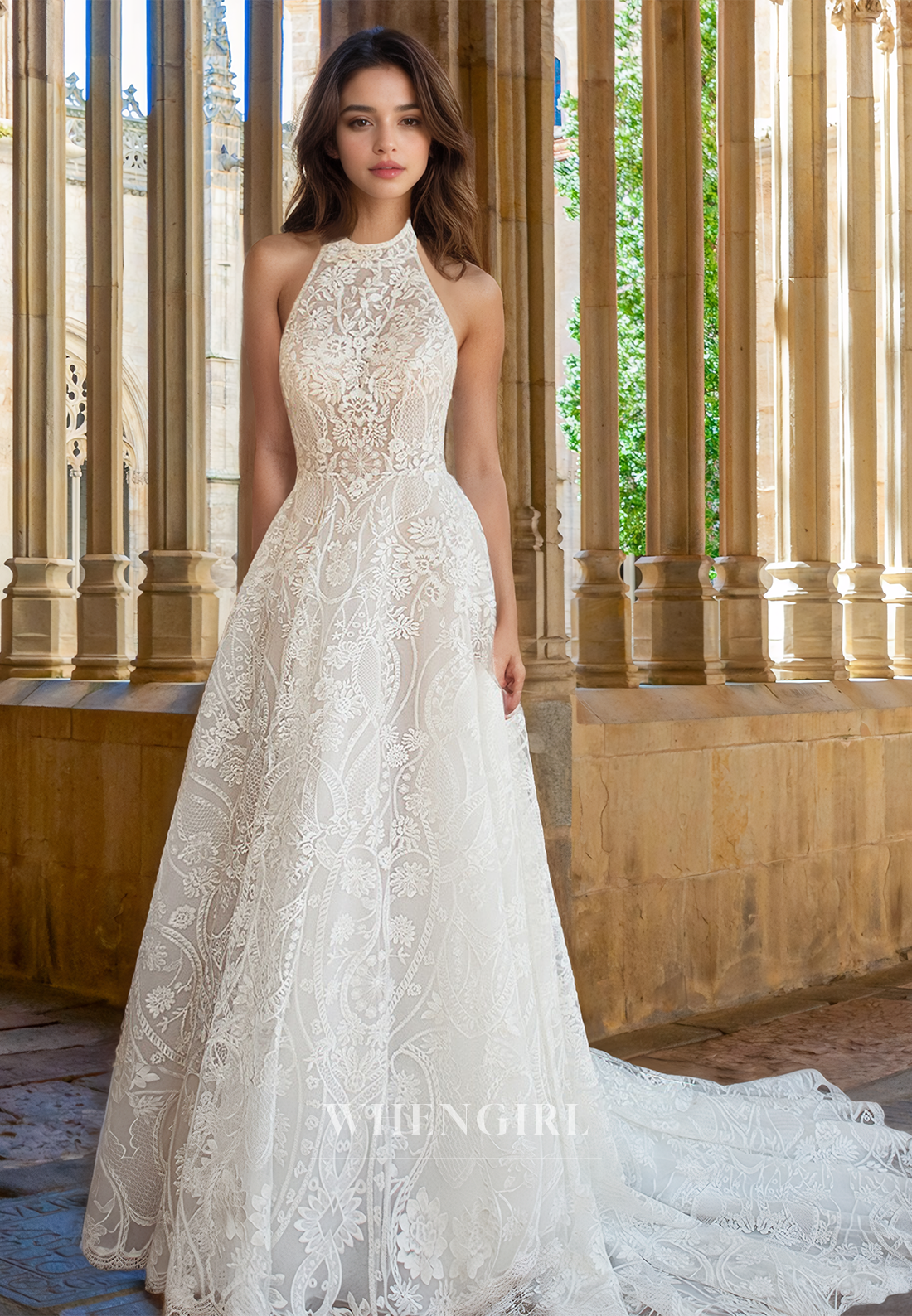 Luxurious Halter Neck Sleeveless A-Line Fully Appliques Lace Beach Wedding Gown with Train