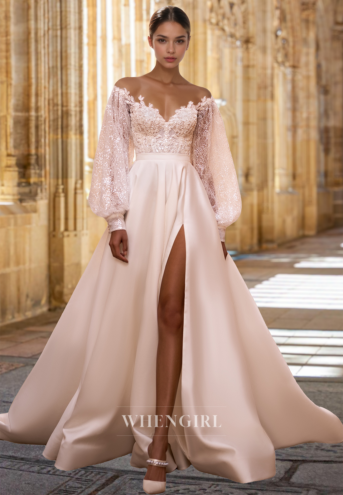 Luxurious Sweetheart A-Line Long Sleeves Side Slit Train Appliques Satin Wedding Dress with Beaded
