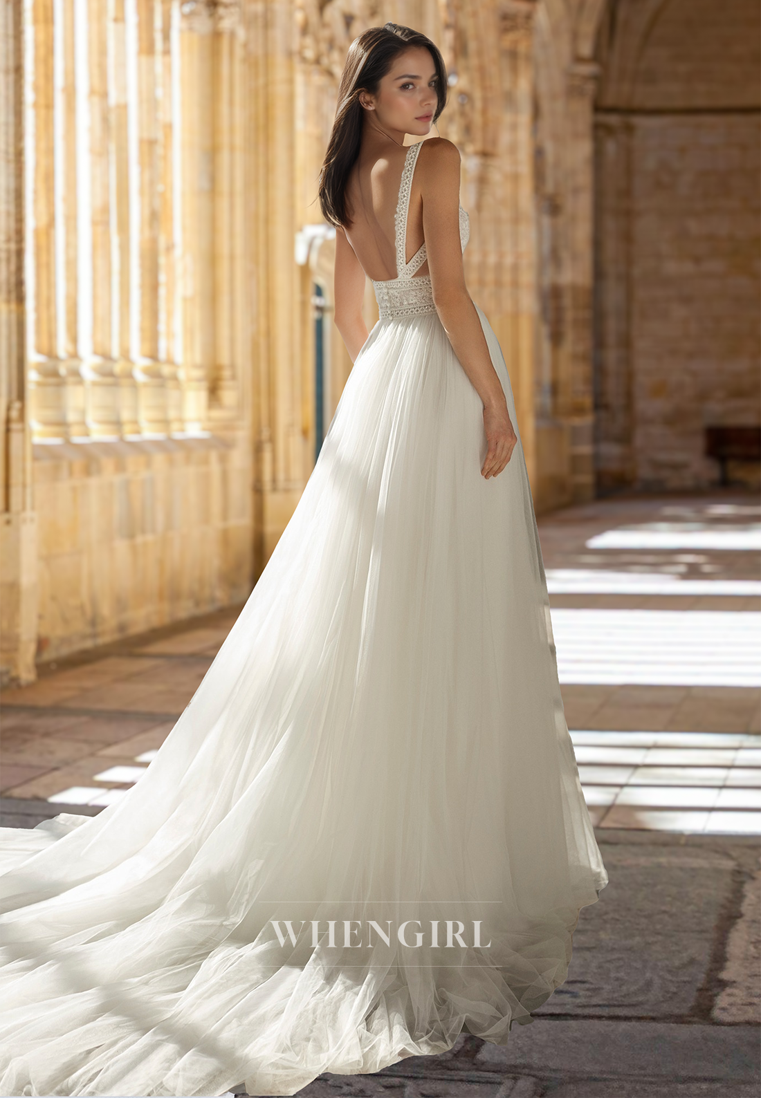 Bohemian A-Line V-Neck Straps Waist Appliques Lace Pleats Beach Wedding Dress with Slit