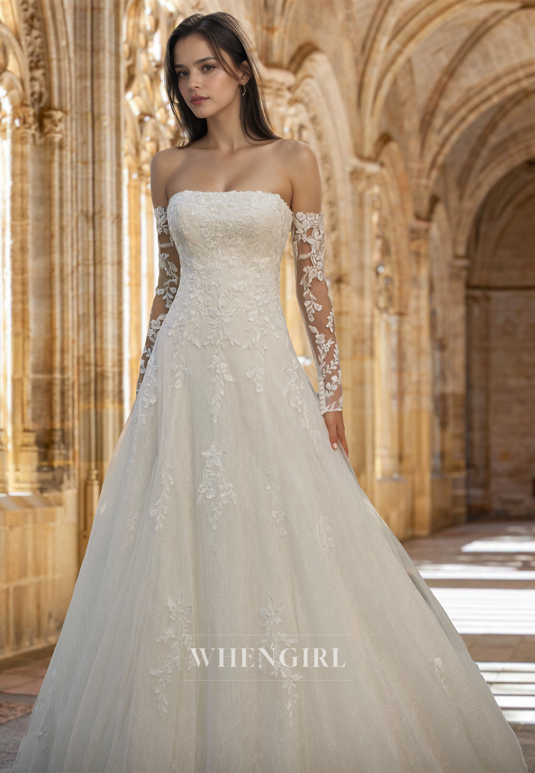 Glamorous A-Line Tube Top Long Sleeves Court Train Pleated Lace Wedding Dress with Appliques Bridal Gown