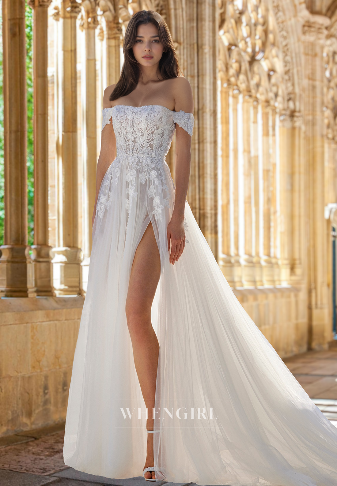 Bohemian Off-Shoulder Sleeveless A-Line Appliques Lace Pleats Beach Wedding Dress with Train