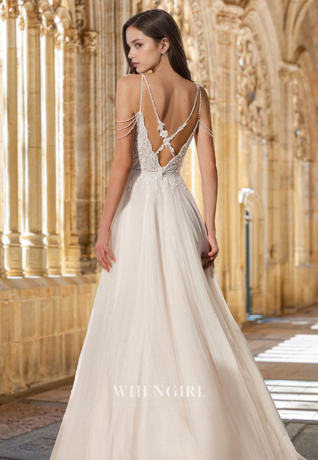 Spaghetti Straps A-Line High Slit Train Lace Pleats Wedding Dress Long Bridal Dress with Appliques