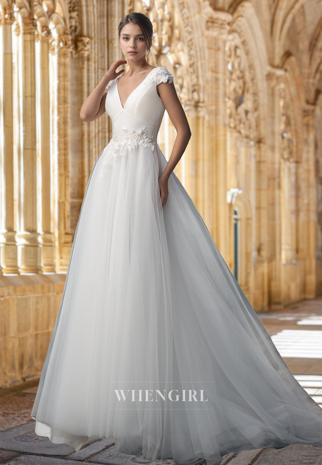 A-Line V-Neck Cap Sleeves Sweep Train Lace Pleats Long Wedding Dress Bridal Gown with Appliques