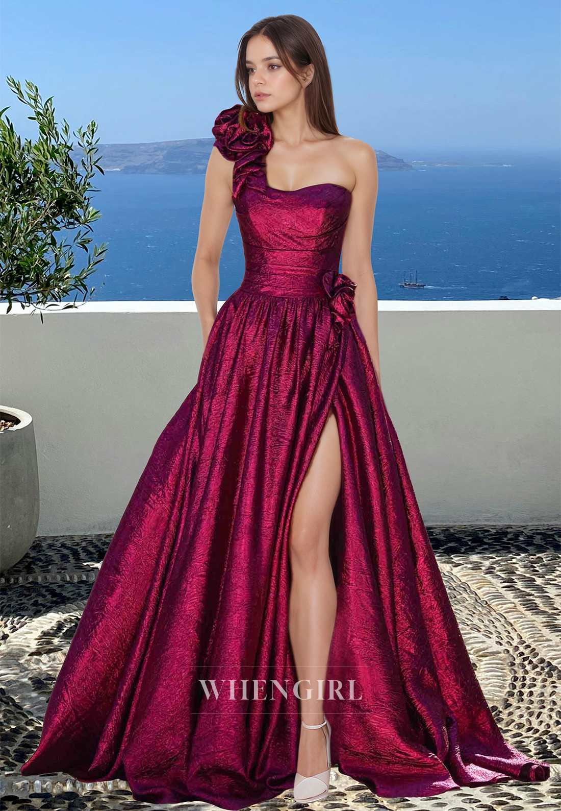 Graceful One Shoulder A-Line Sleeveless Pleated Floral Prom Dress with Slit Party Gown