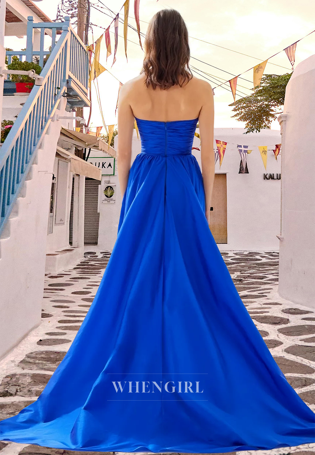 Elegant Tube Top A-Line Satin Ruched Floral Long Prom Formal Evening Dress with Slit
