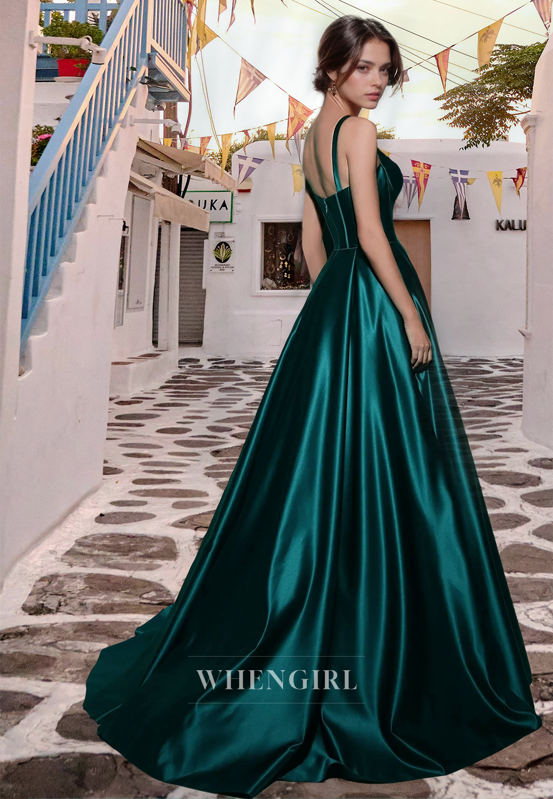 A-Line Sweetheart Straps Sleeveless Pleated Satin Prom Formal Gown with Train