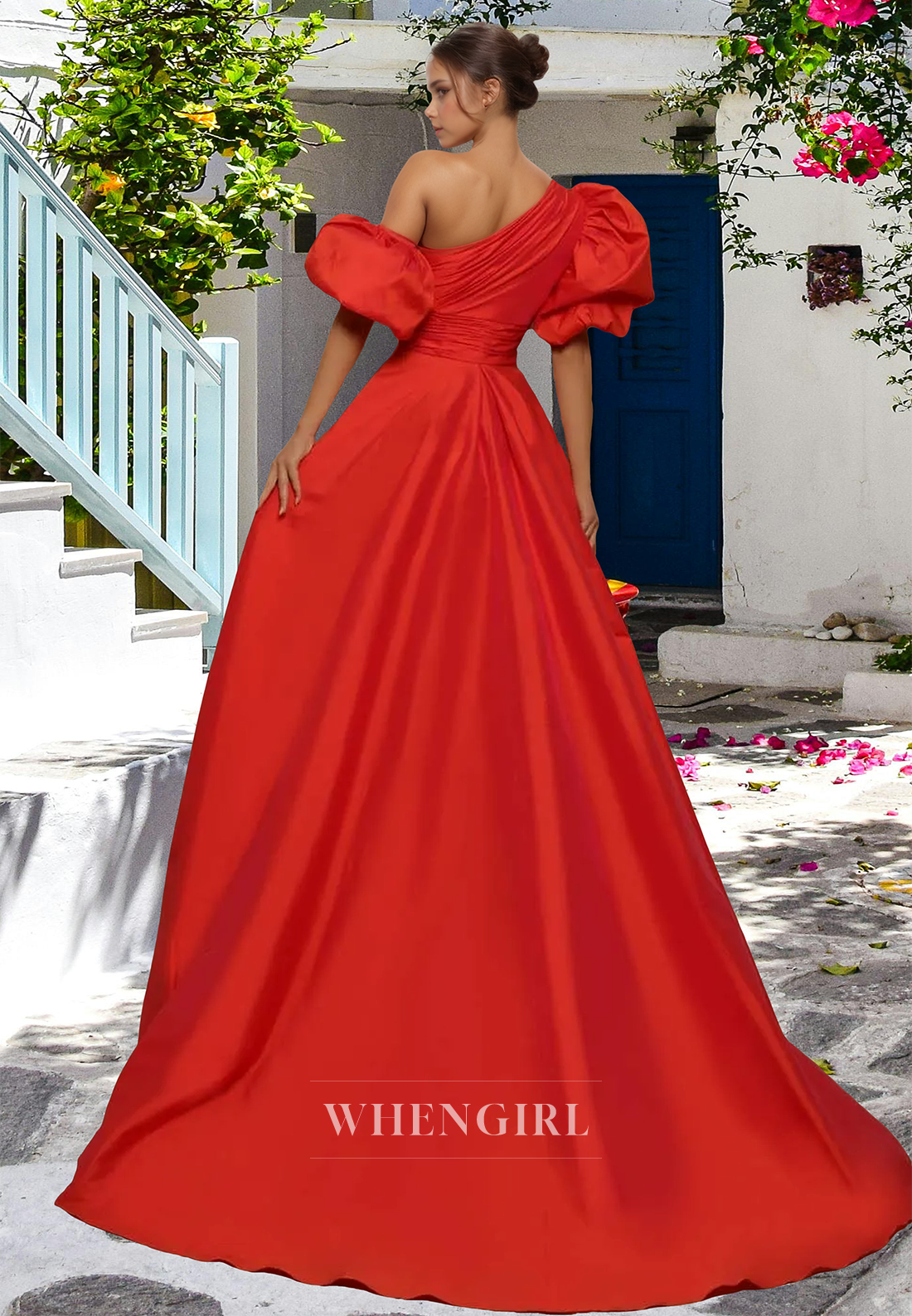 Elegant One Shoulder Puff Sleeves A-Line Side Slit Pleats Satin Formal Dress with Train
