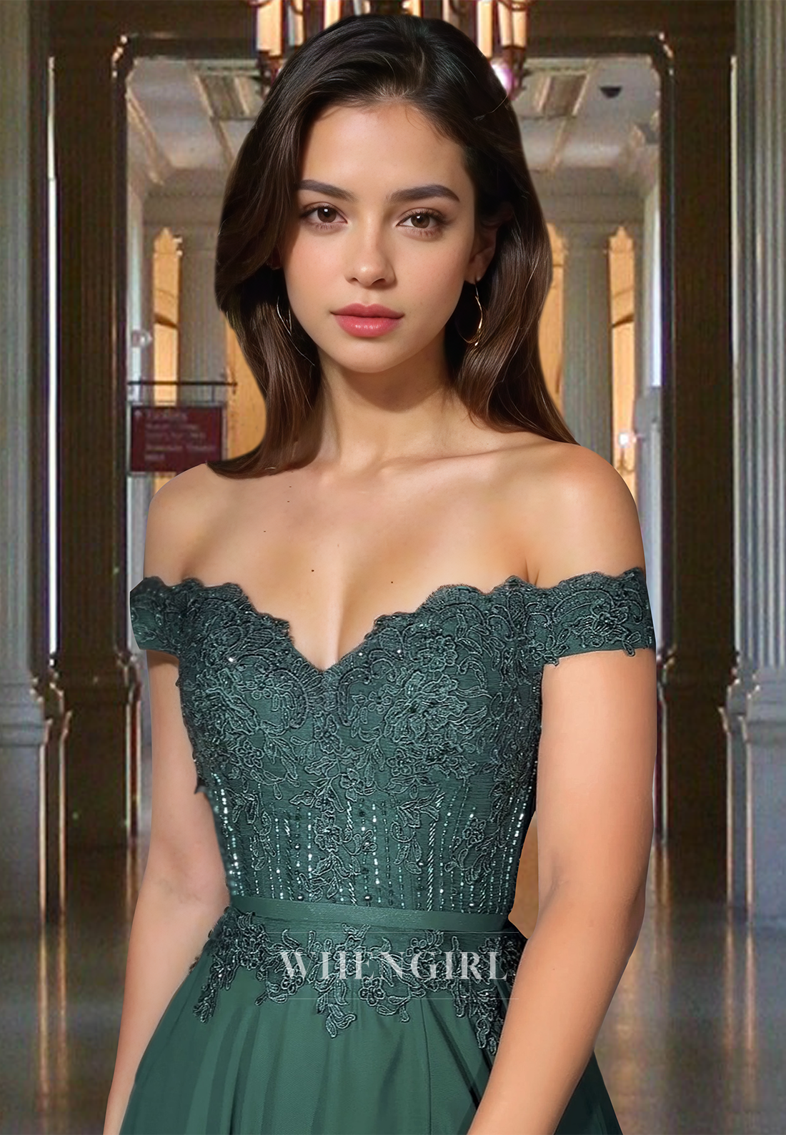 Off-Shoulder A-Line Sleeveless High Slit Train Chiffon Prom Formal Dress with Appliques