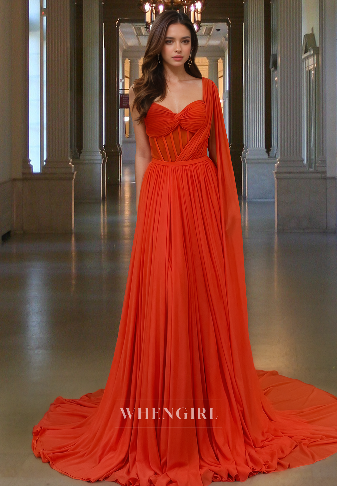 Elegant One Shoulder A-Line Sleeveless Sweep Train Pleats Lace Prom Formal Party Dress