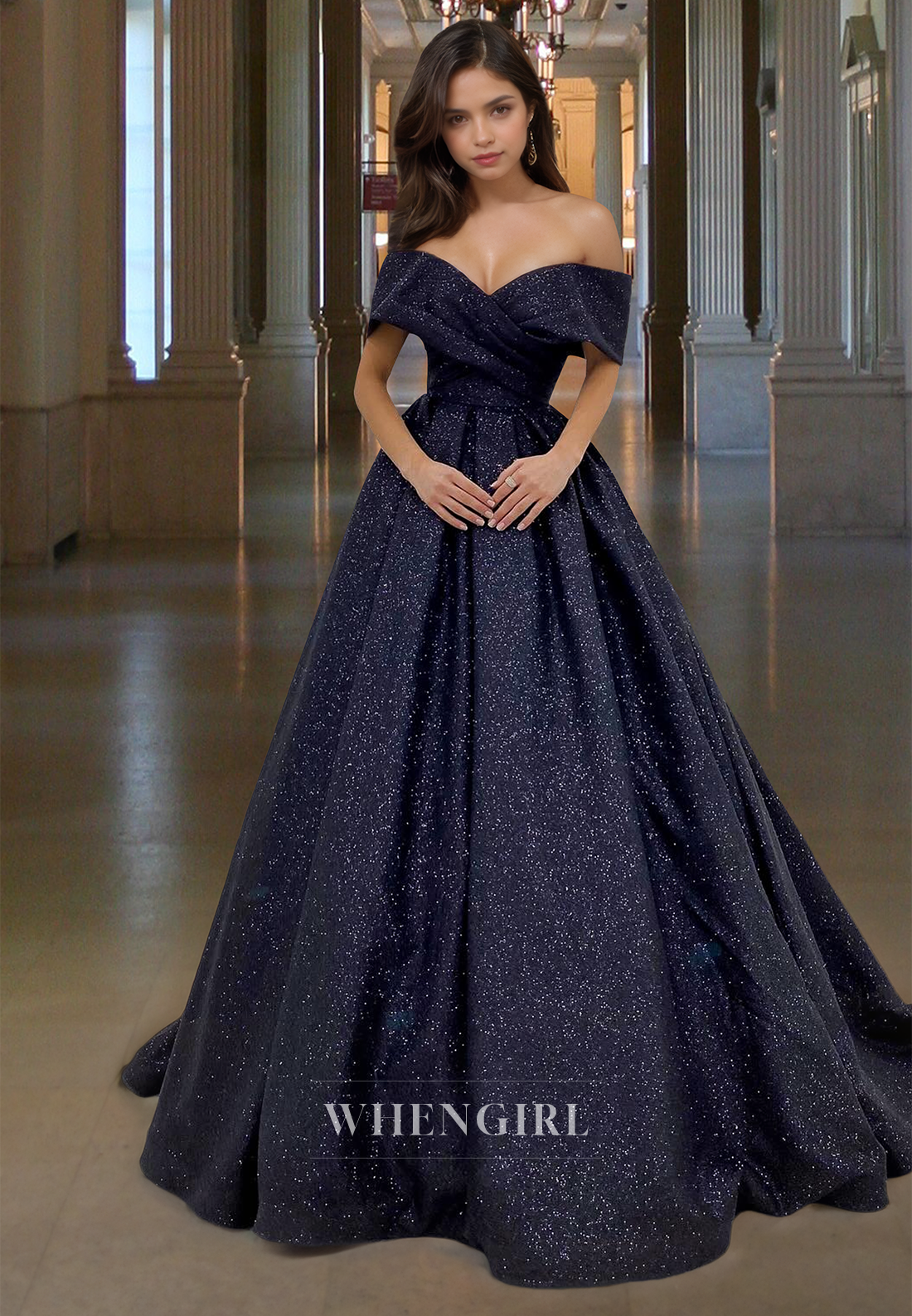Stunning A-Line Off Shoulder Sleeveless Glitter Knit Party Dress with Train Evening Gown