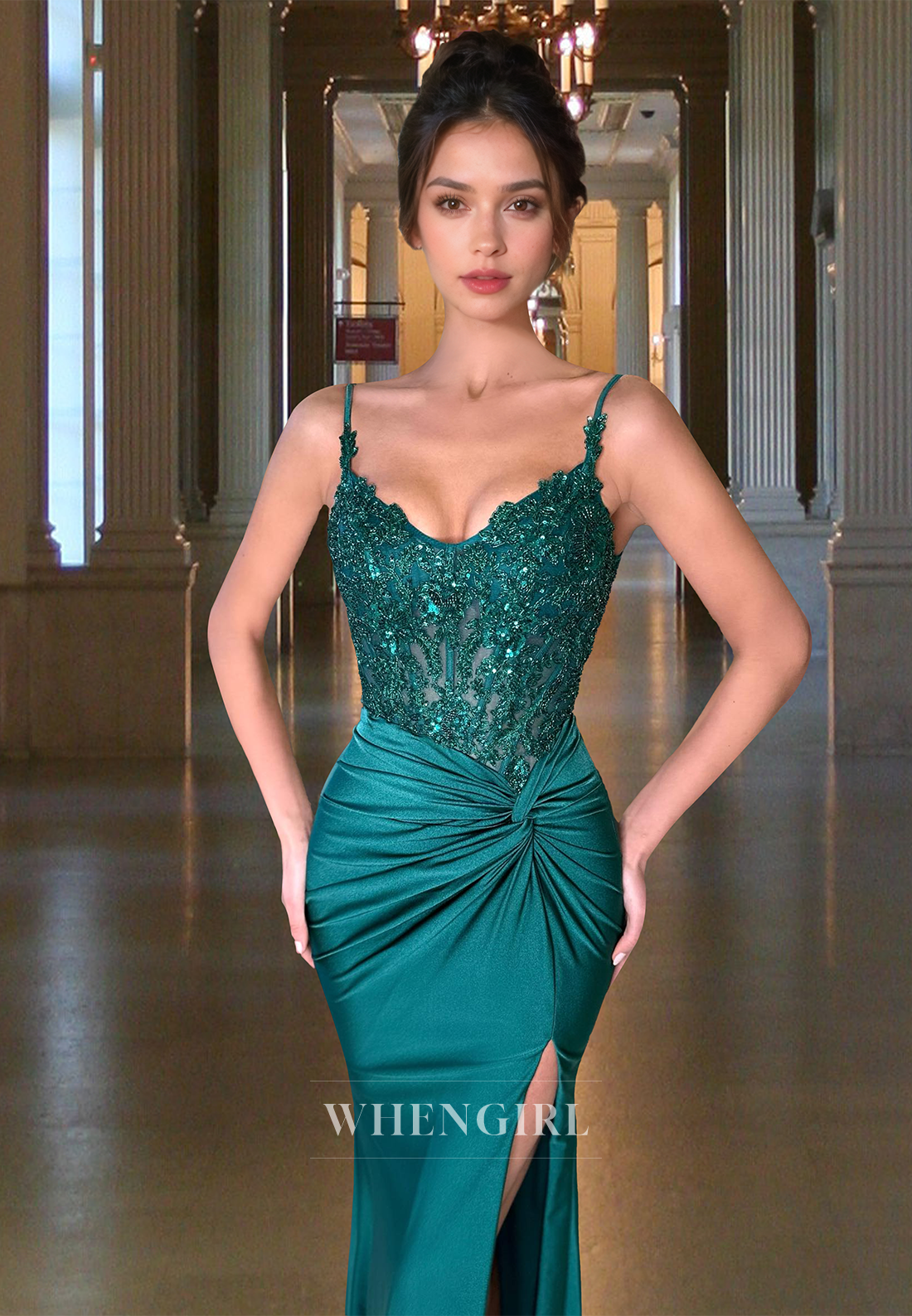 Glamorous Straps Prom Dress Sleeveless Side Slit Long Satin Pleats Formal Gown with Appliques
