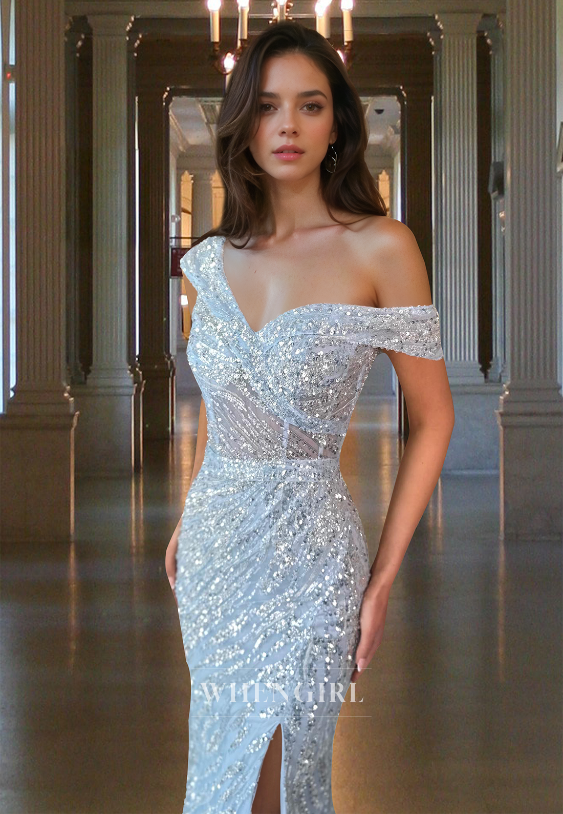 Striking One Shoulder Lace Formal Dress Sleeveless Sheath Long Sequin Party Gown with Slit