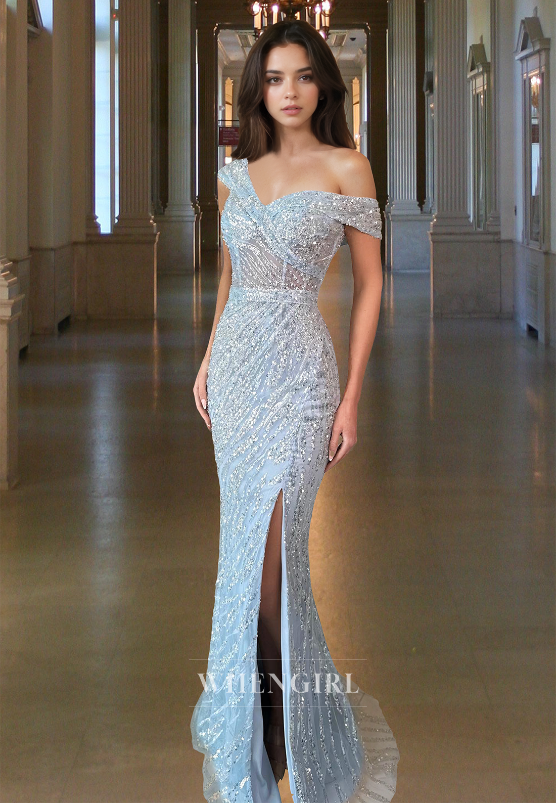 Striking One Shoulder Lace Formal Dress Sleeveless Sheath Long Sequin Party Gown with Slit