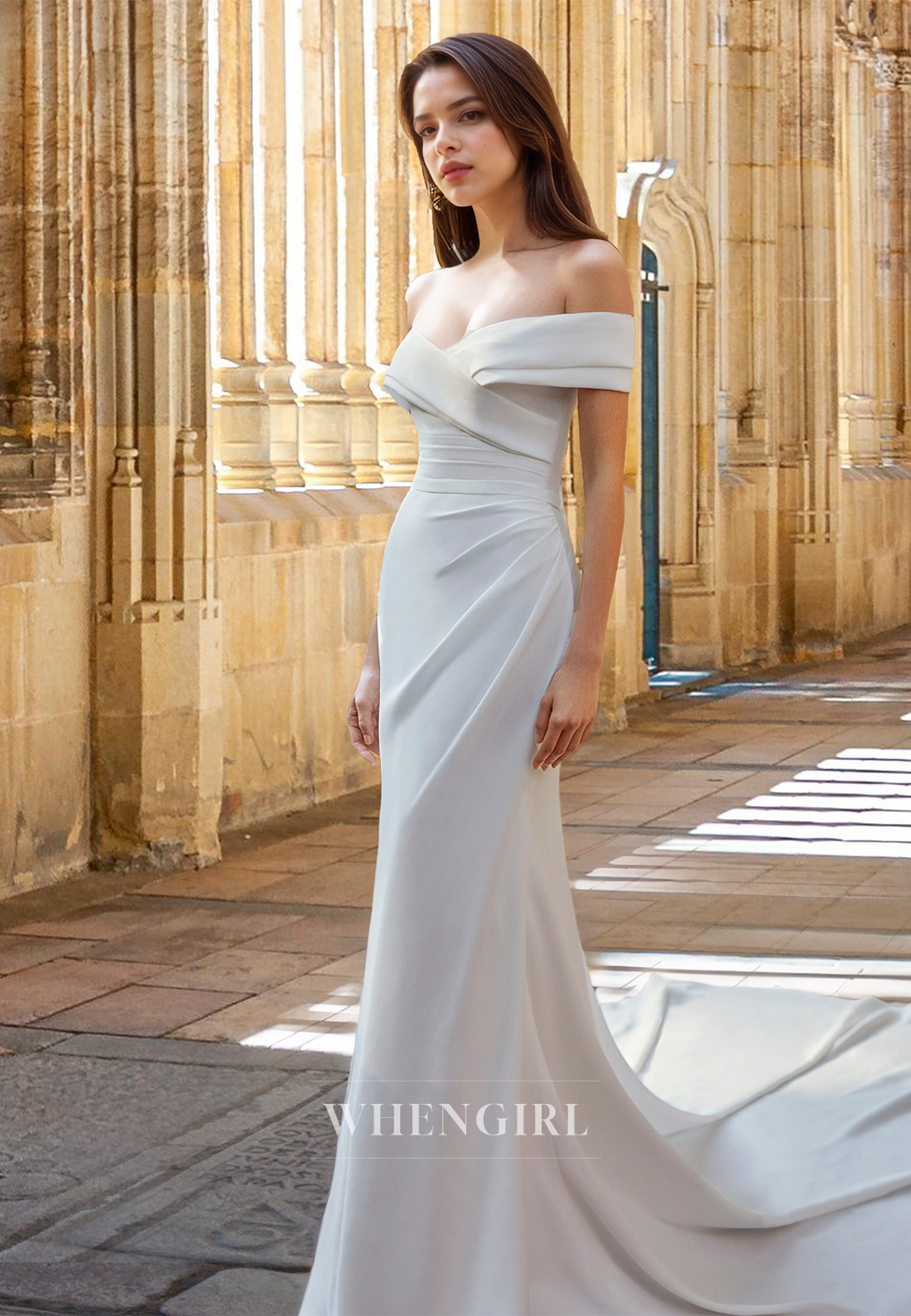 Classic Off-Shoulder Sleeveless Wedding Dress Sheath Ruched Satin Bridal Gown with Train