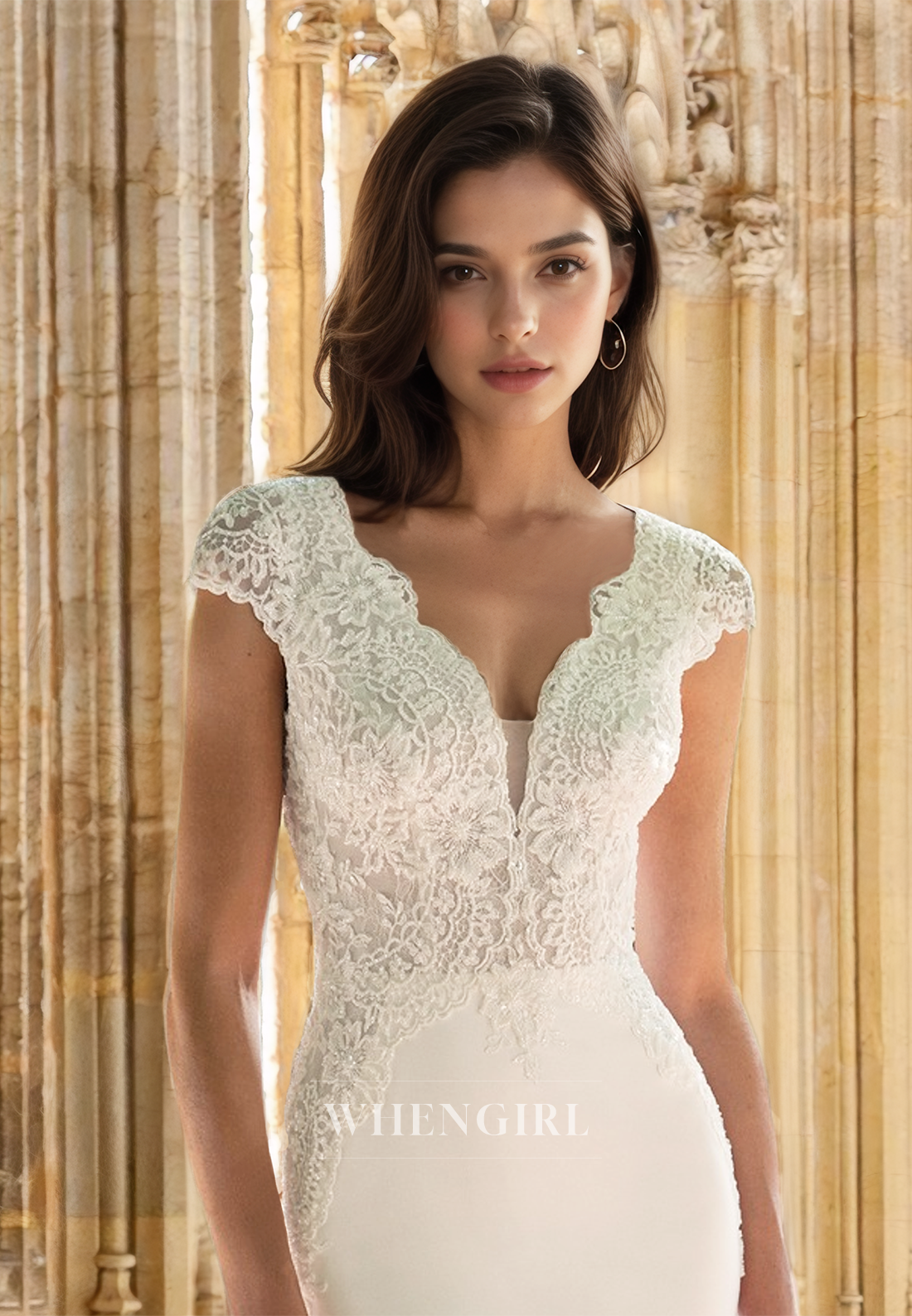 Gorgerous Cap Sleeves V-Neck Mermaid Swwep Train Satin Wedding Dress with Appliques