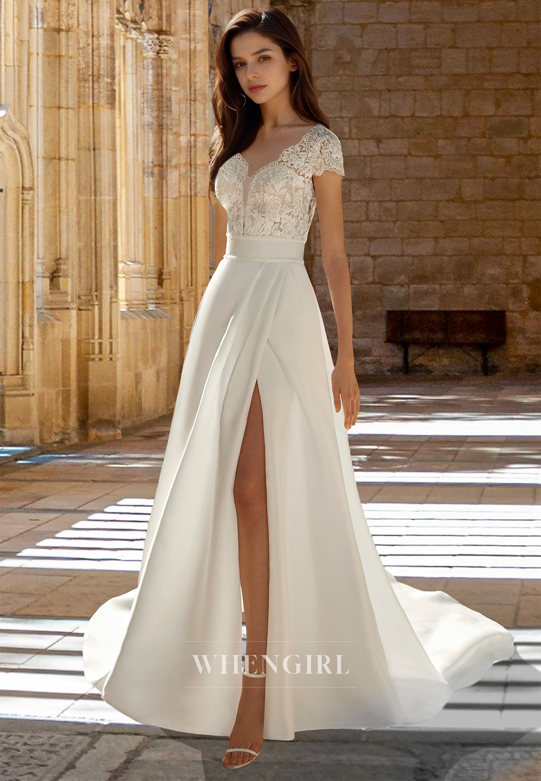 Plunging V-Neck Short Sleeves A-Line Pleated Appliques Wedding Dress Bridal Gown with Slit
