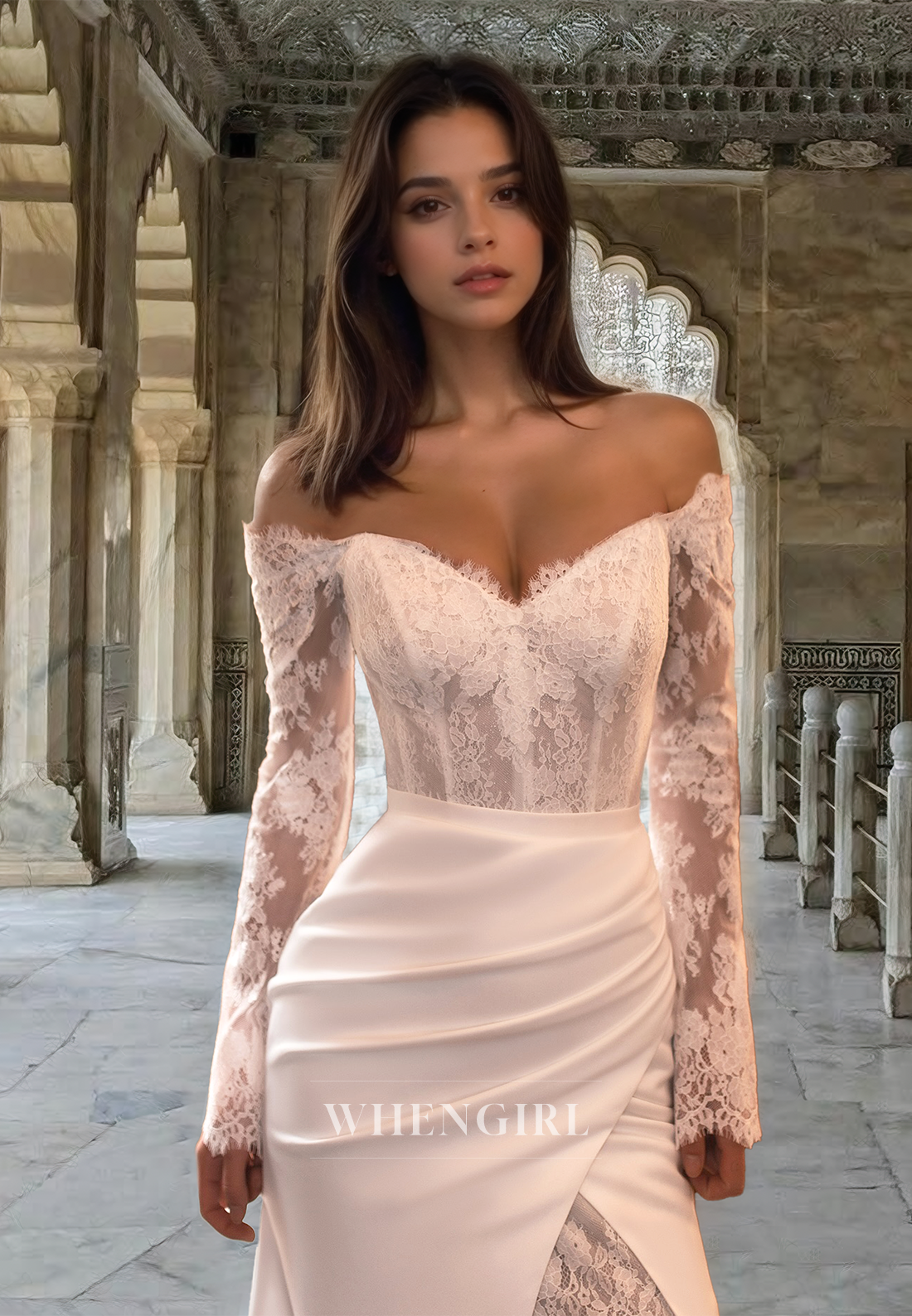 Luxurious Long Sleeves Sweetheart Sheath Short Applique Lace Wedding Dress with Detachable Overskirt