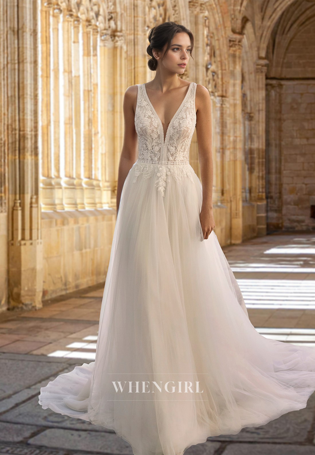 Romantic A-Line V-Neck Straps Sleeveless Appliques Lace Pleats Beach Wedding Dress with Train