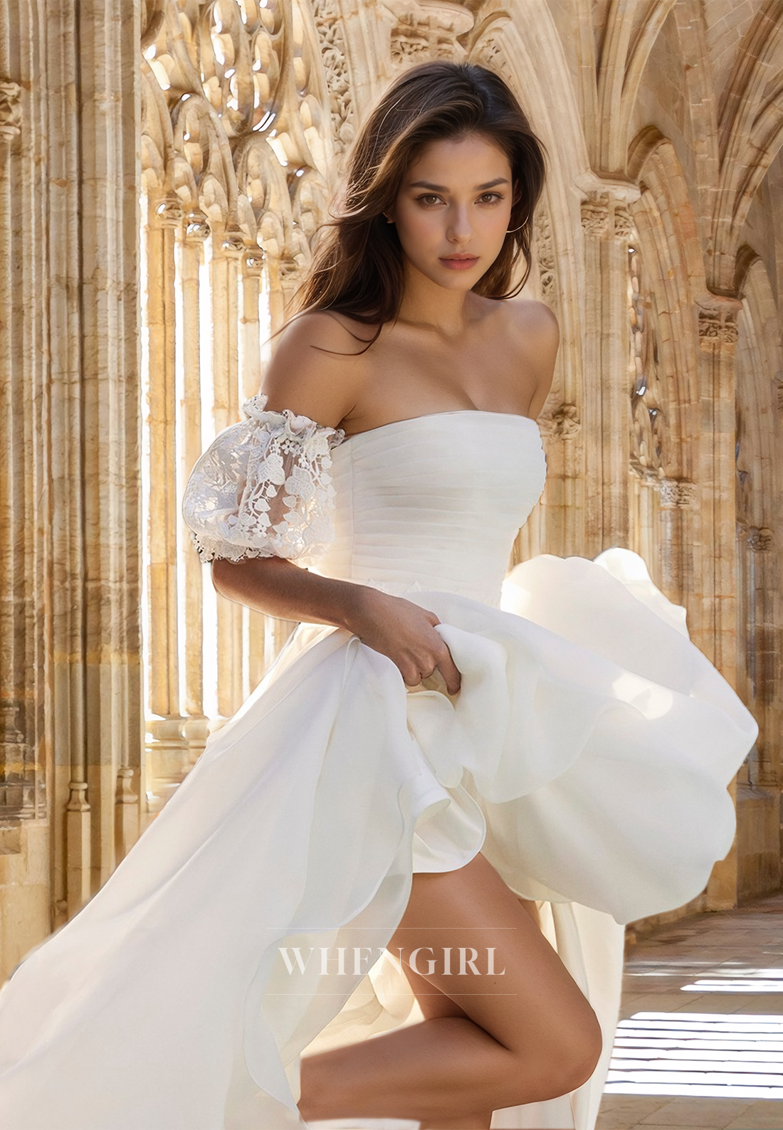 Elegant A-Line Strapless Puff Sleeves Appliques Ruched Lace Wedding Dress with Train