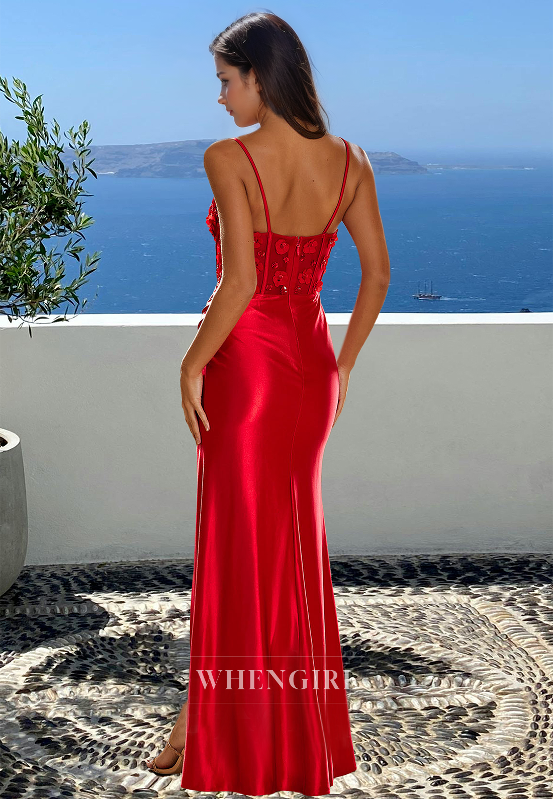 Beaded Spaghetti Straps Sweetheart High Slit Pleats Satin Party Prom Dress with Floral