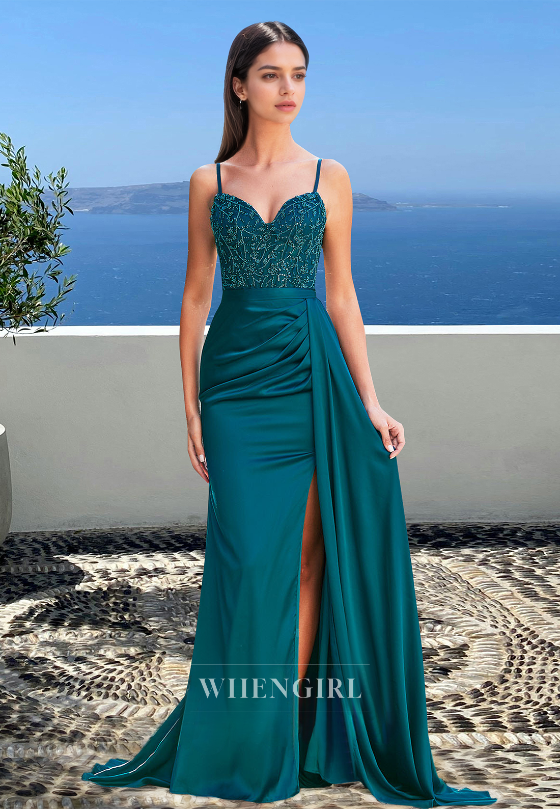 Spaghetti Straps Empire Waist Sweetheart Appliques Satin Party Prom Dress with Beaded