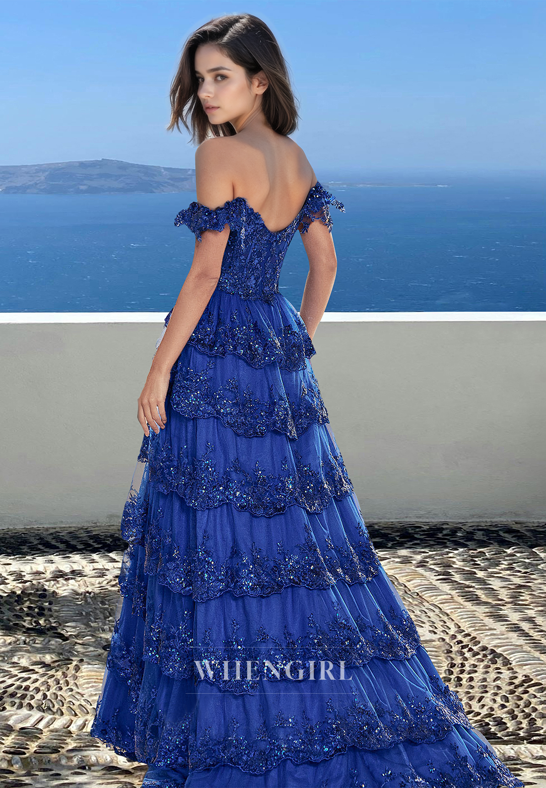 Sparkly Off-Shoulder A-Line Tiered Lace Appliques Ball Gowns with Slit Party Dress