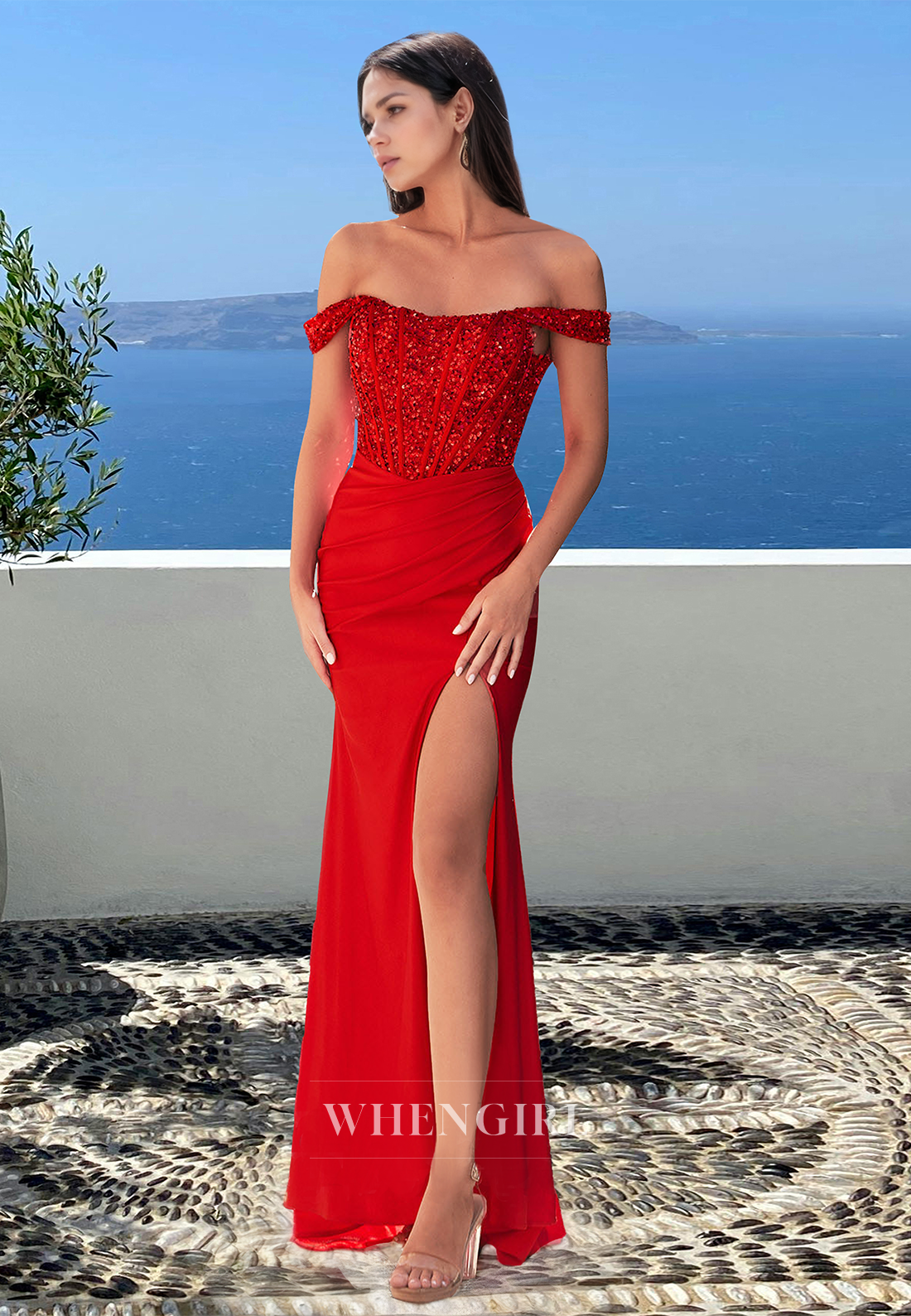Elegant Off Shoulder Sheath Sleeveless Sequin Satin Long Party Prom Dress with Slit