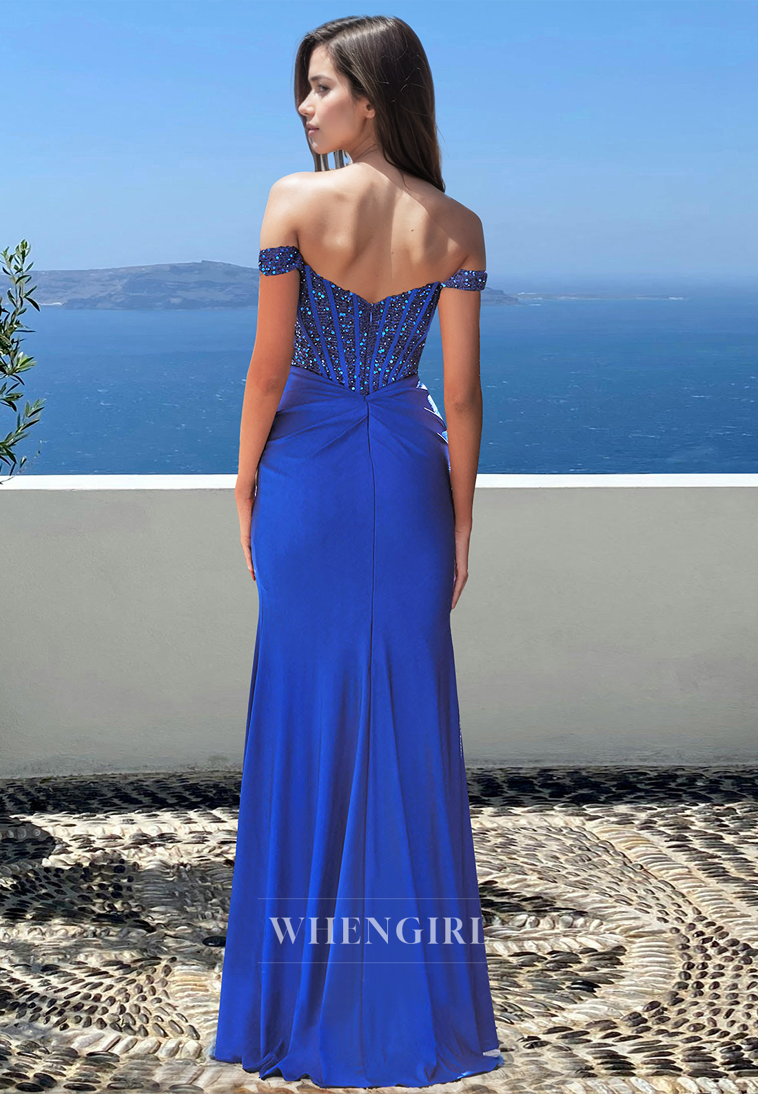 Elegant Off Shoulder Sheath Sleeveless Sequin Satin Long Party Prom Dress with Slit