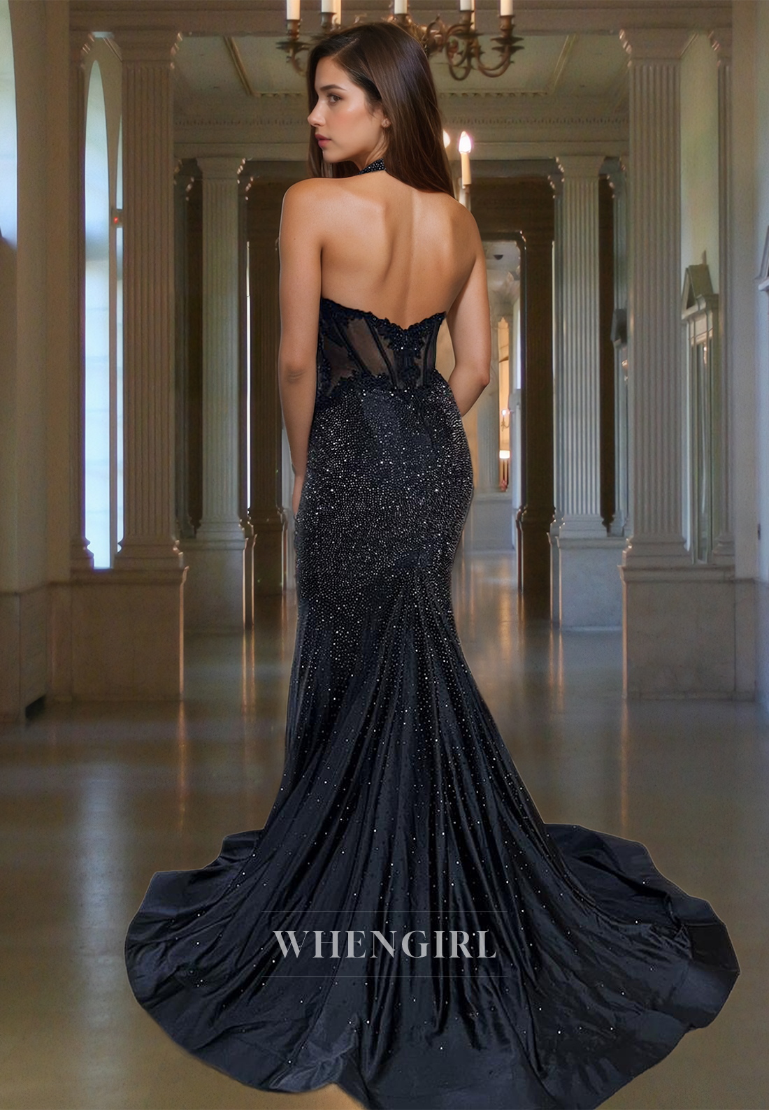 Sexy Deep V-neck Straps Sweep Train Mermaid Satin Formal Party Gowns with Fully Beaded