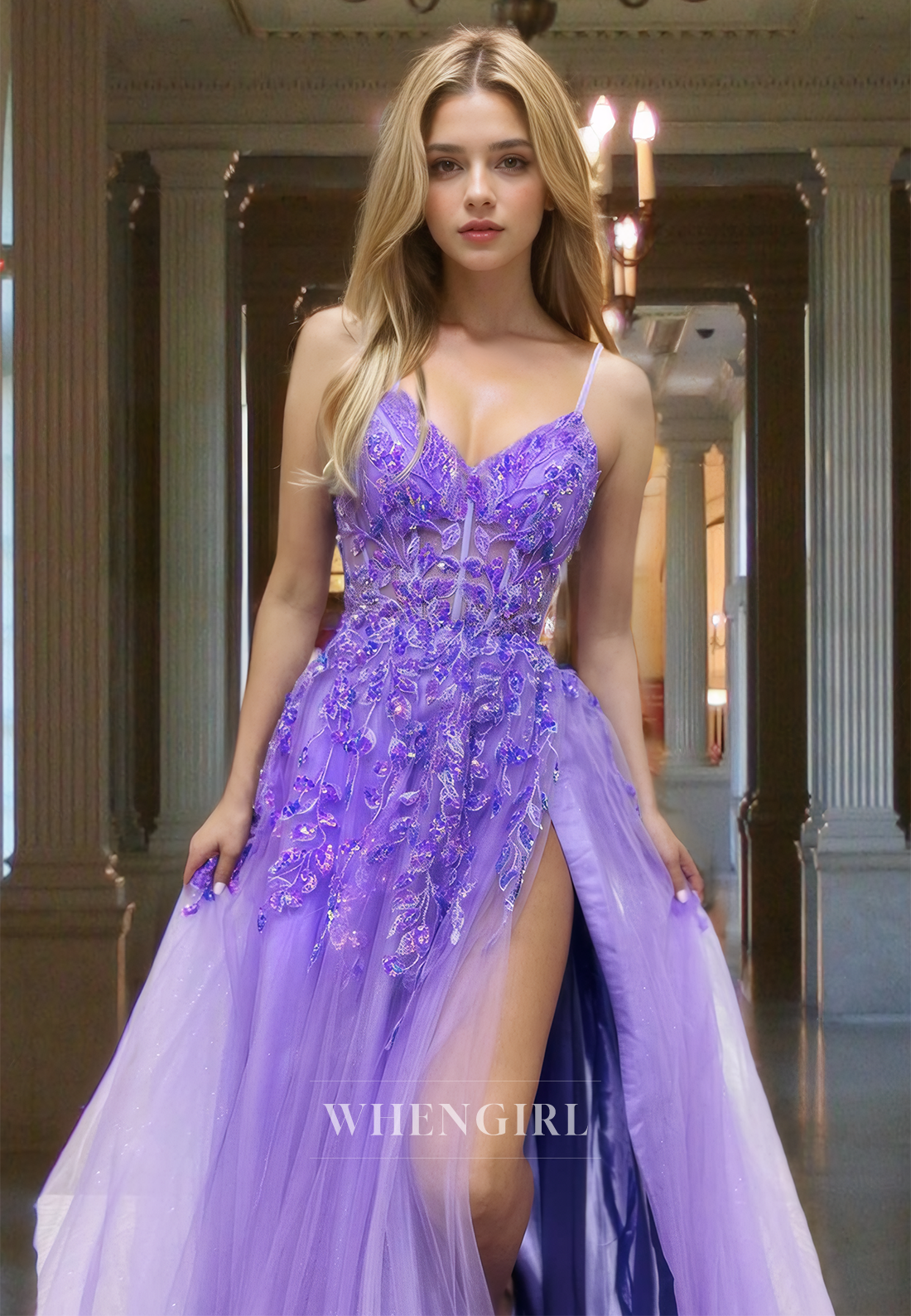Sparkly A-Line Spaghetti Straps V-Neck High Slit Glitter Evening Prom Dress with Appliques