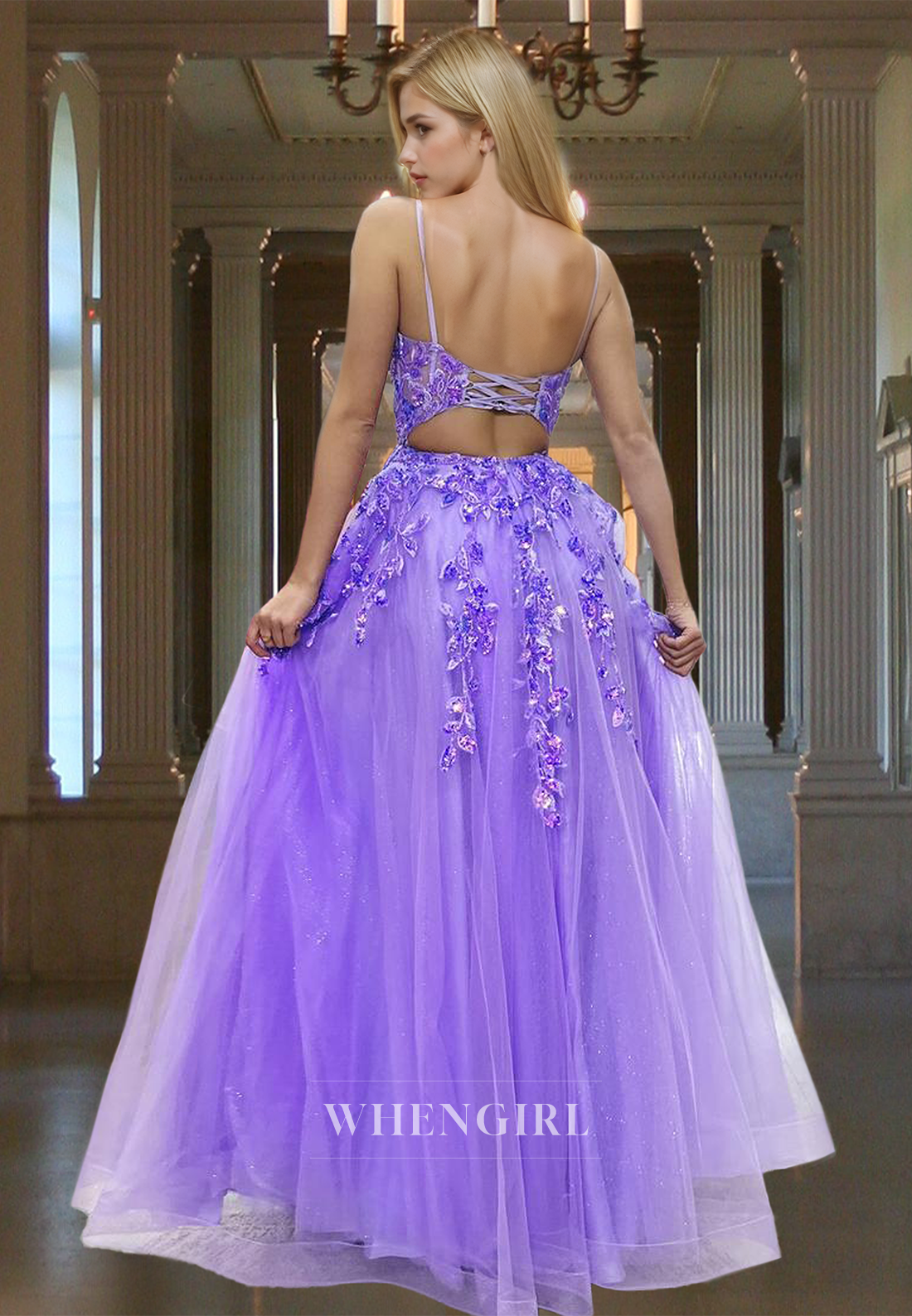 Sparkly A-Line Spaghetti Straps V-Neck High Slit Glitter Evening Prom Dress with Appliques