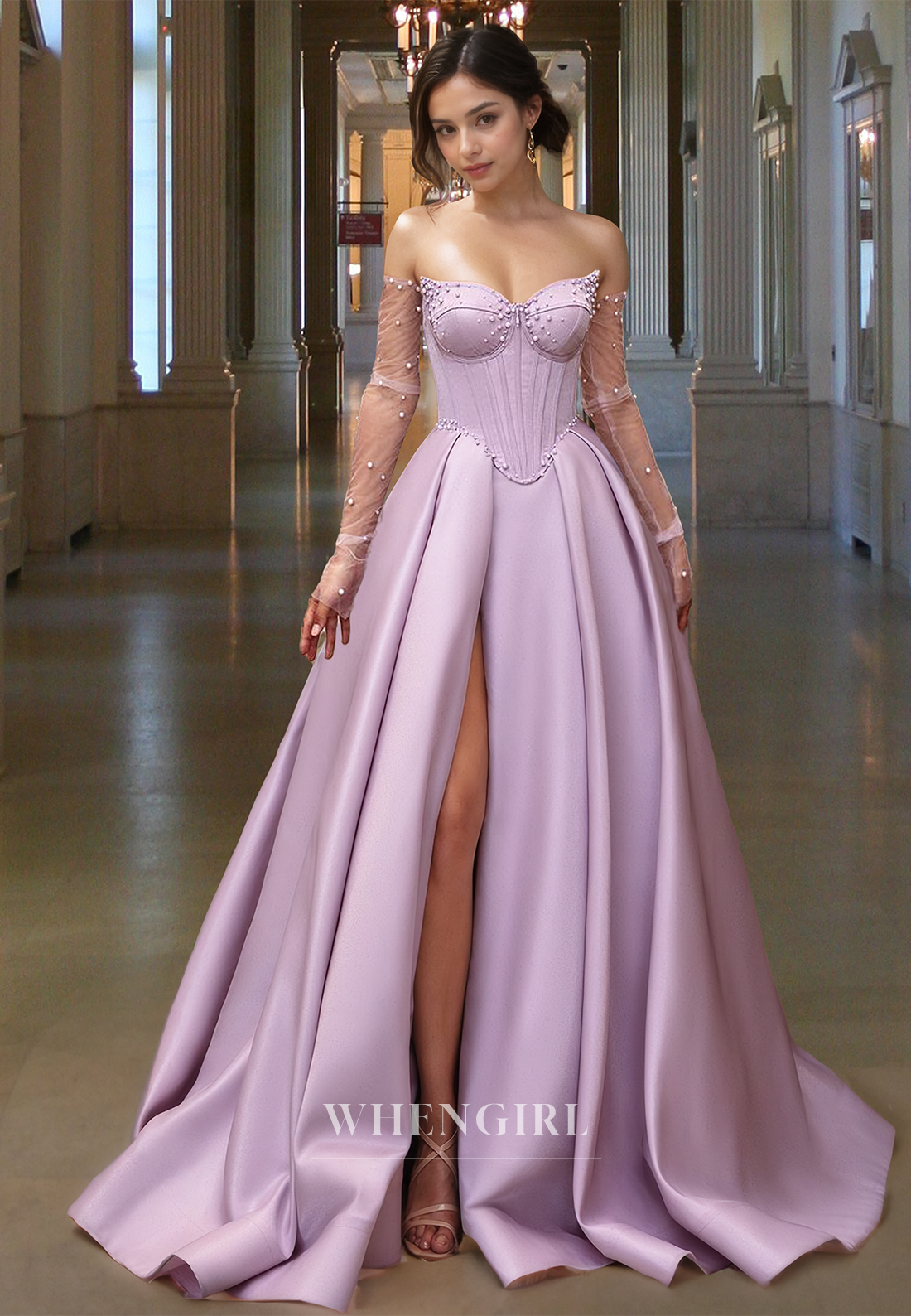 Beaded Long Sleeves Party Gowns Sweetheart A-Line Satin Prom Dress with Slit