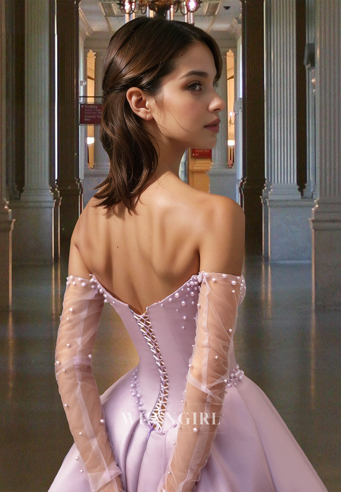 Beaded Long Sleeves Party Gowns Sweetheart A-Line Satin Prom Dress with Slit