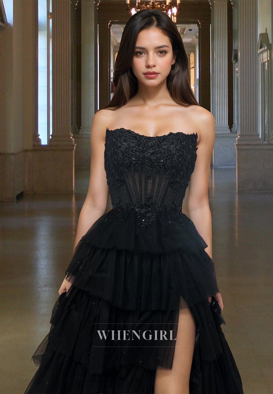 Elegant A-Line Tube Top Sleeveless High Slit Tiered Lace Ball Gown with Applique