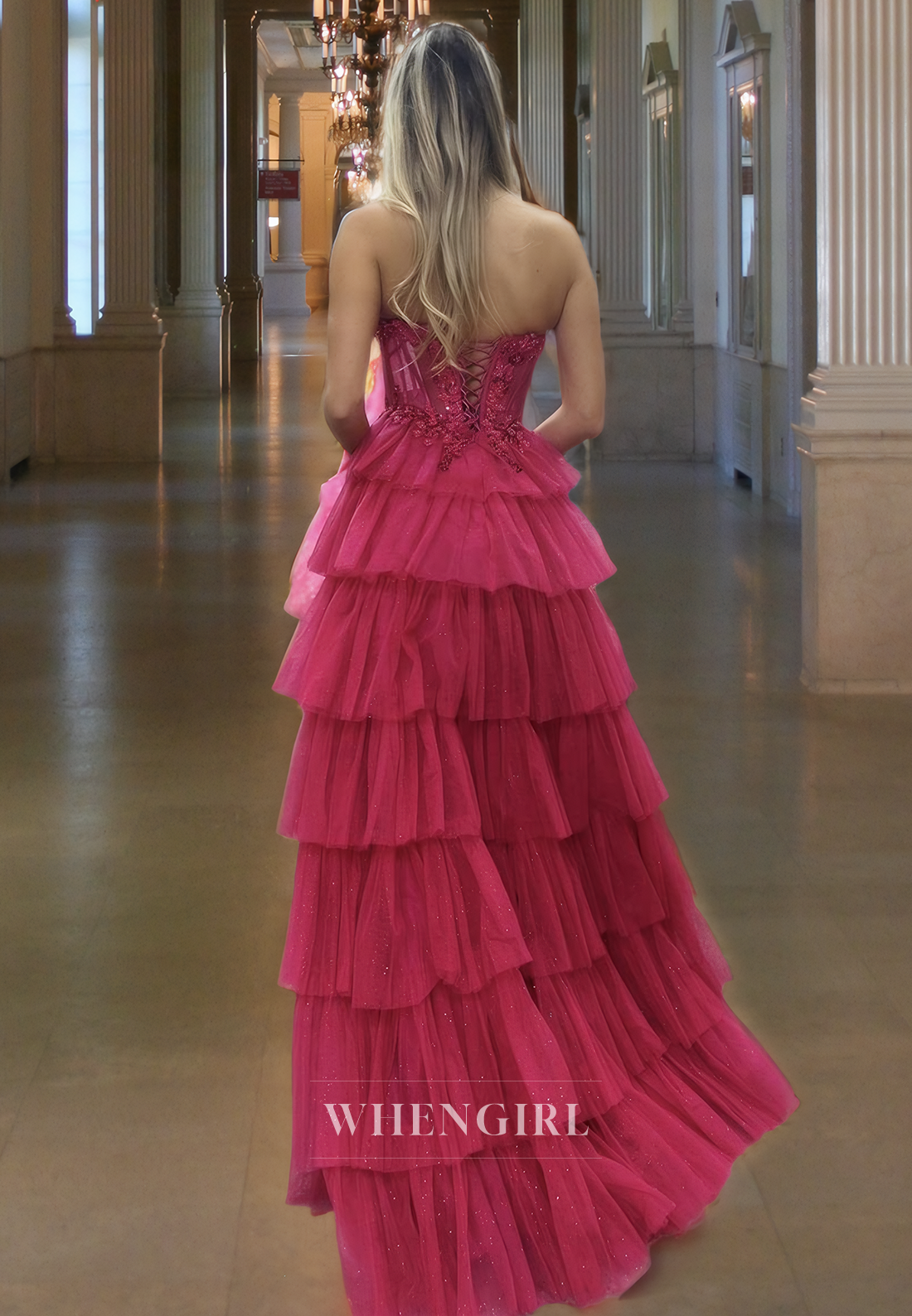 Elegant A-Line Tube Top Sleeveless High Slit Tiered Lace Ball Gown with Applique