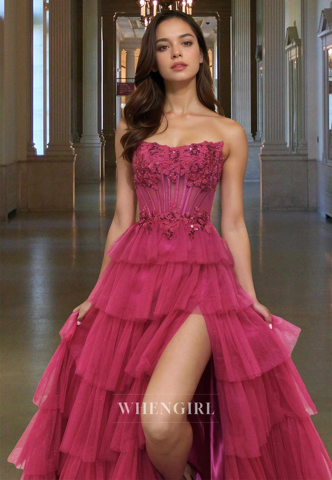 Elegant A-Line Tube Top Sleeveless High Slit Tiered Lace Ball Gown with Applique